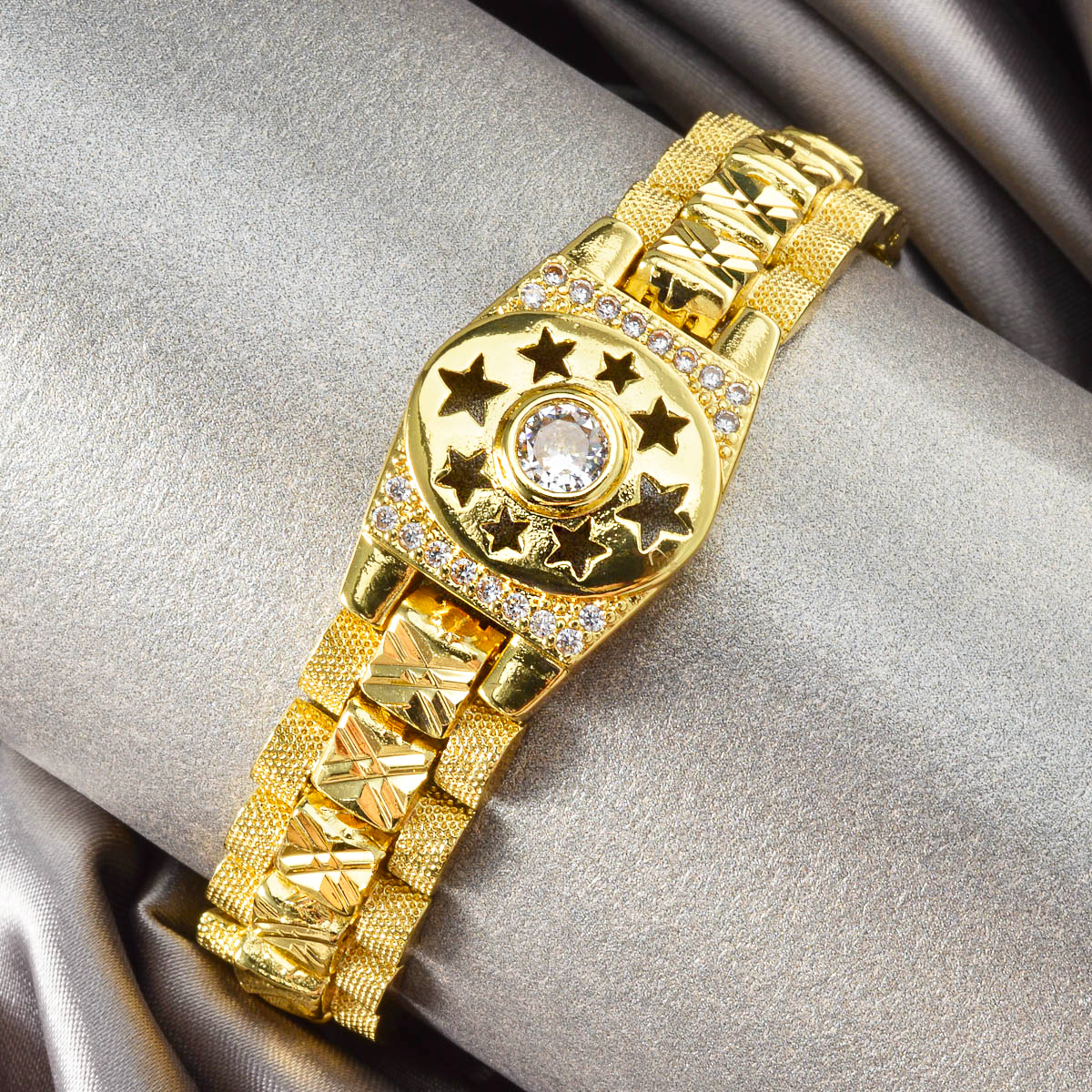 Middle Eastern Directional Zirconia Hollow Starburst Watch Chain Bracelet